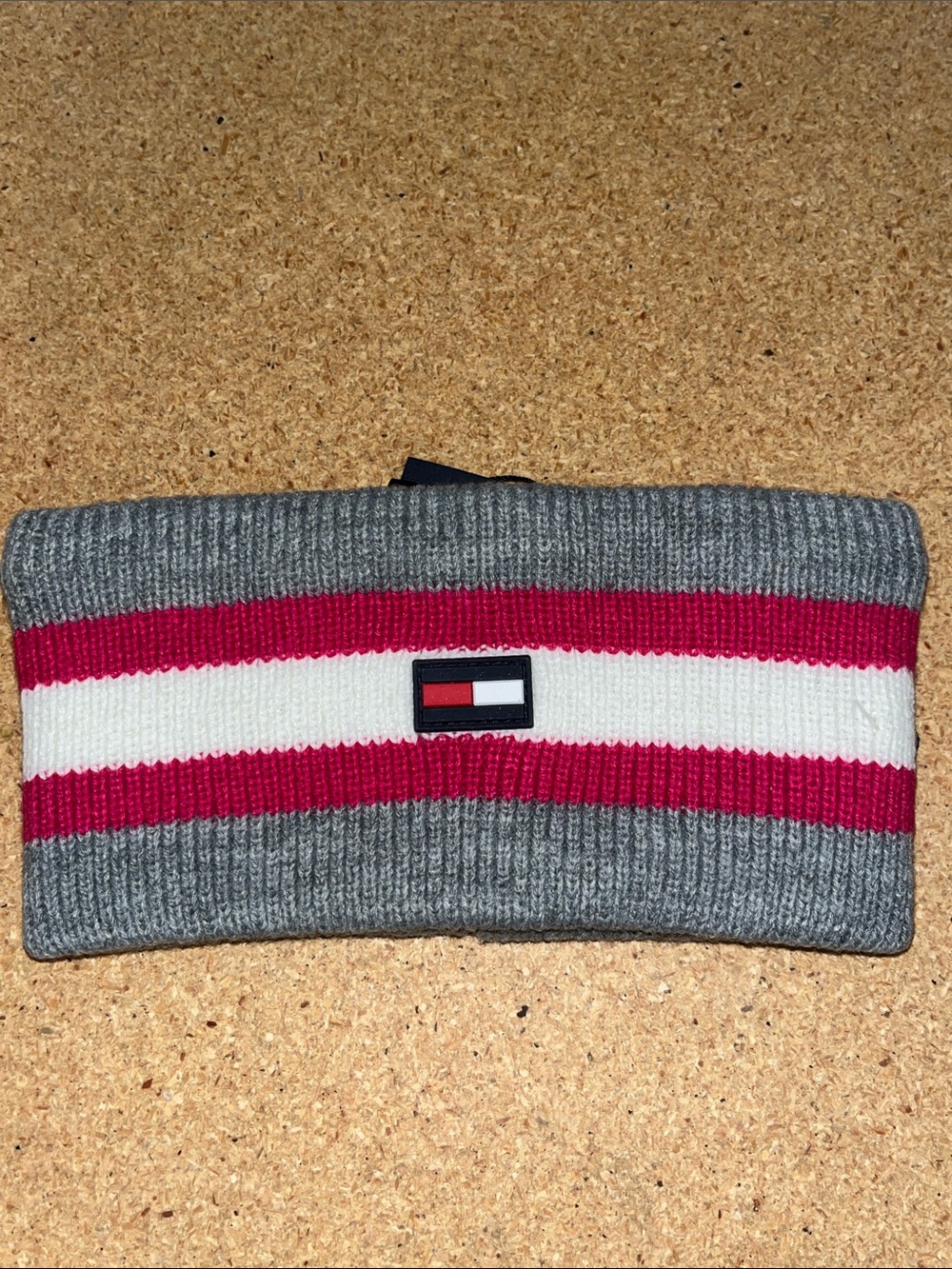 Tommy Hilfiger Gray Knit Headband with Red and White Stripes